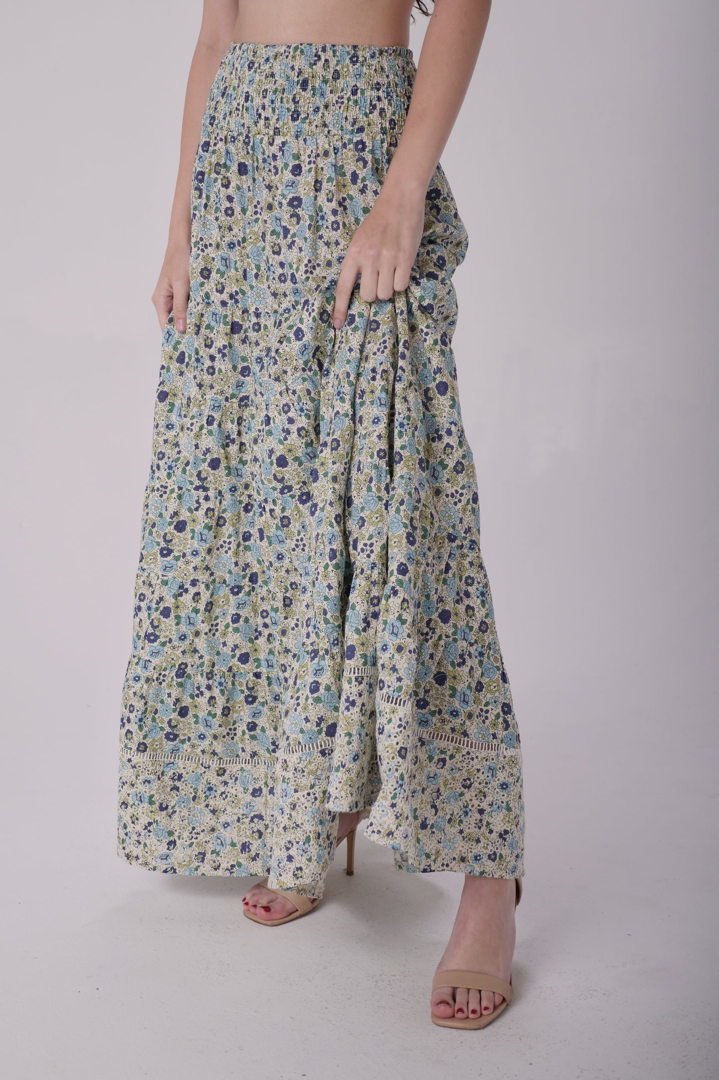 Teal Floral Eyelet Maxi Skirt