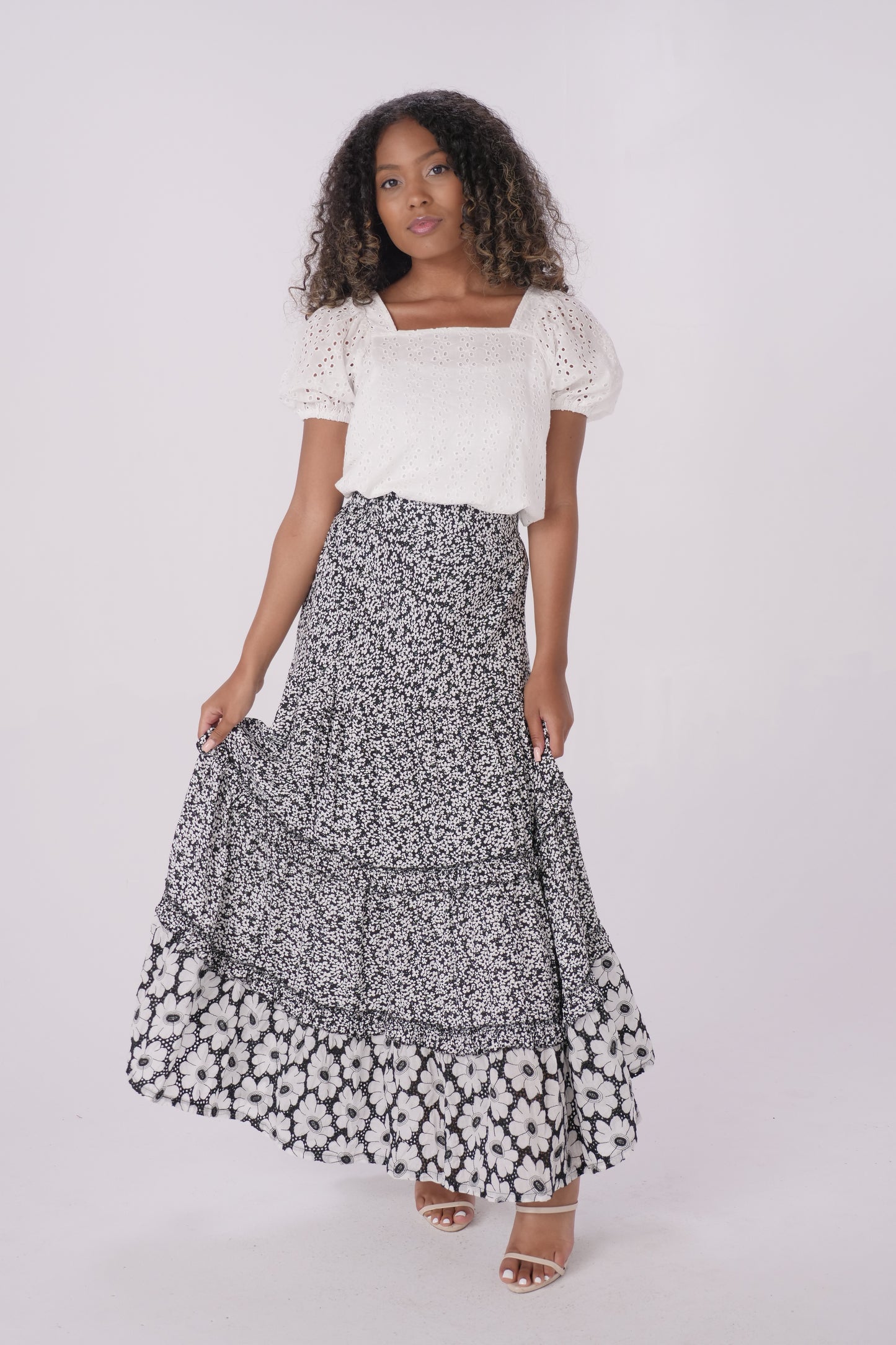 Black Floral Print Tiered Maxi Skirt