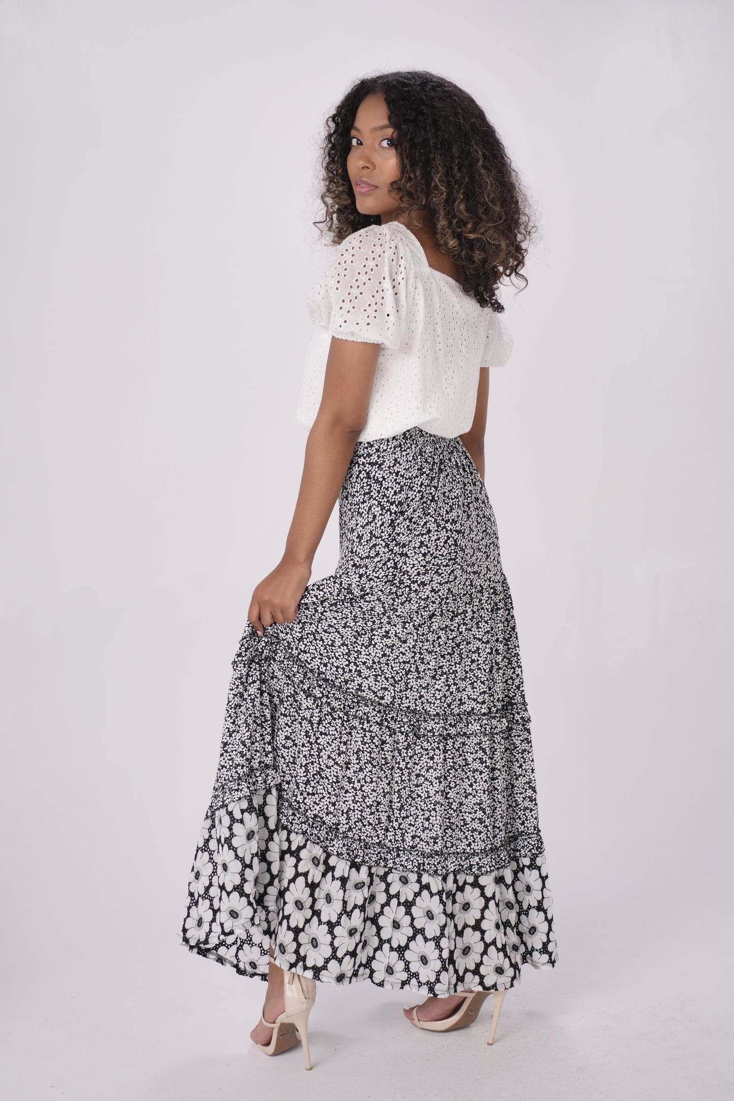 Black Floral Print Tiered Maxi Skirt