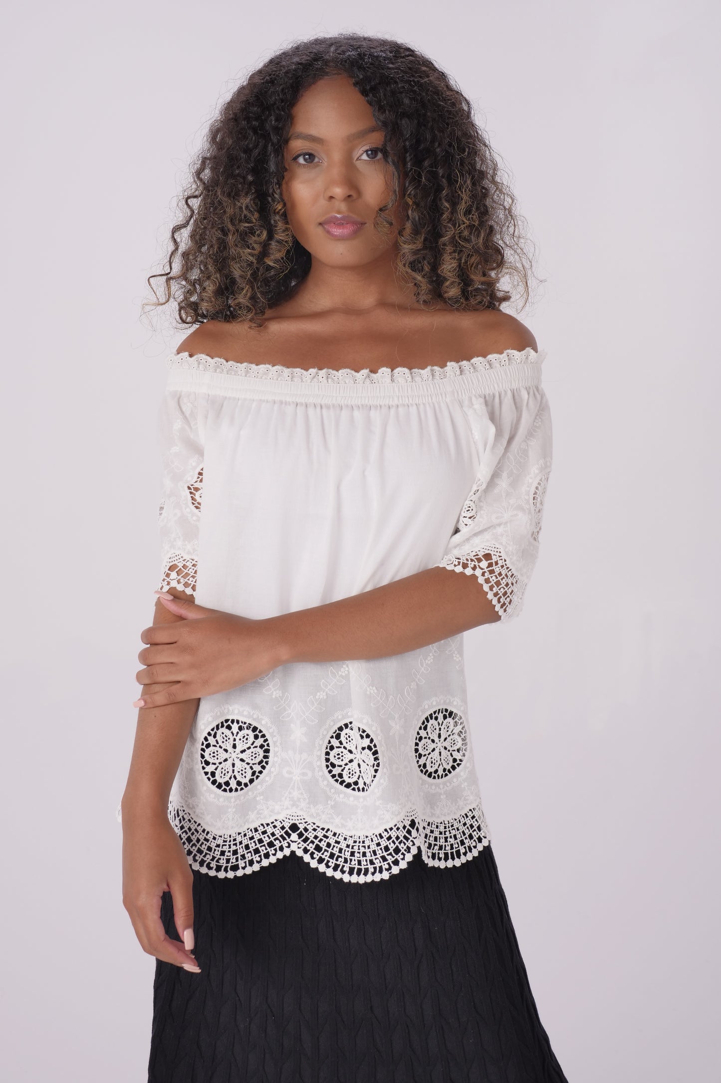 Ivory Border Crochet Off Shoulder Top