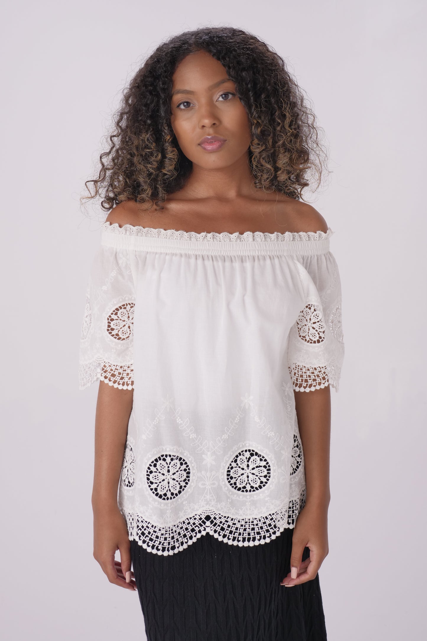 Ivory Border Crochet Off Shoulder Top