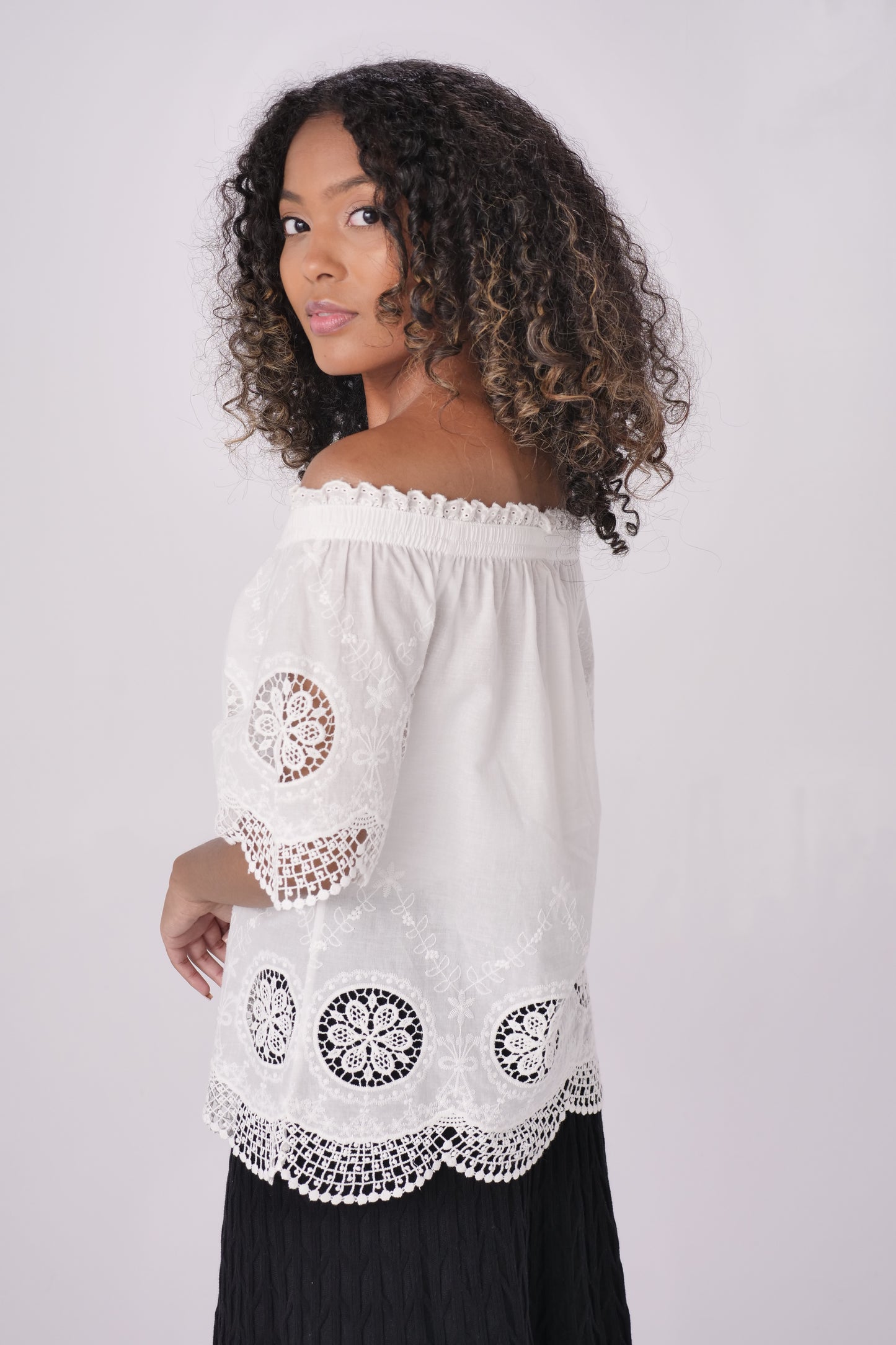 Ivory Border Crochet Off Shoulder Top