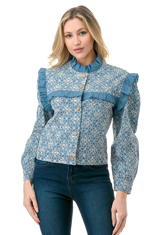 Denim Floral Eyelet Shirt Jacket