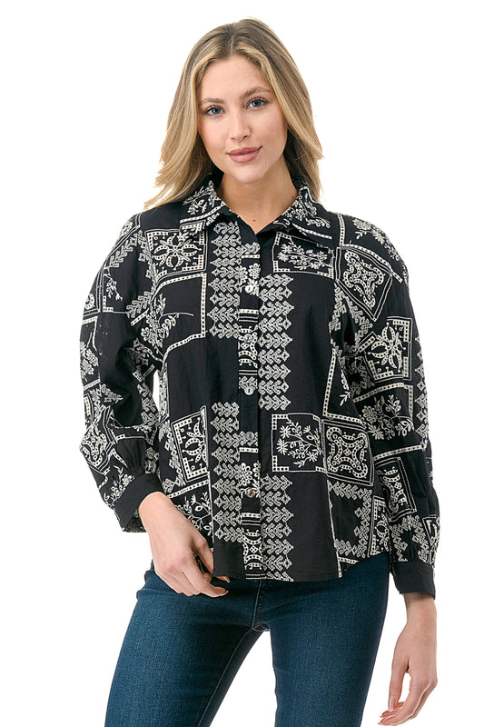 Black/White Embroidered Patchwork Eyelet Button Down