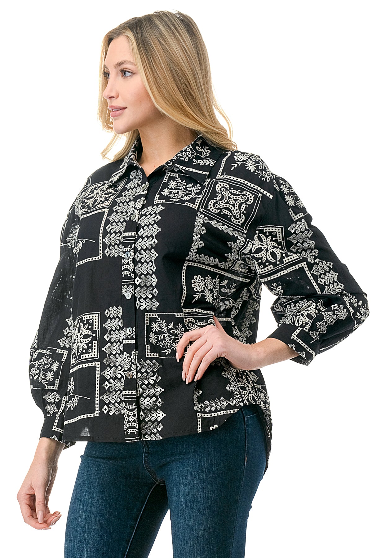 Black/White Embroidered Patchwork Eyelet Button Down
