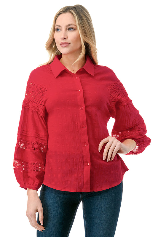 Red Crochet Inset Texture Cotton Button Down