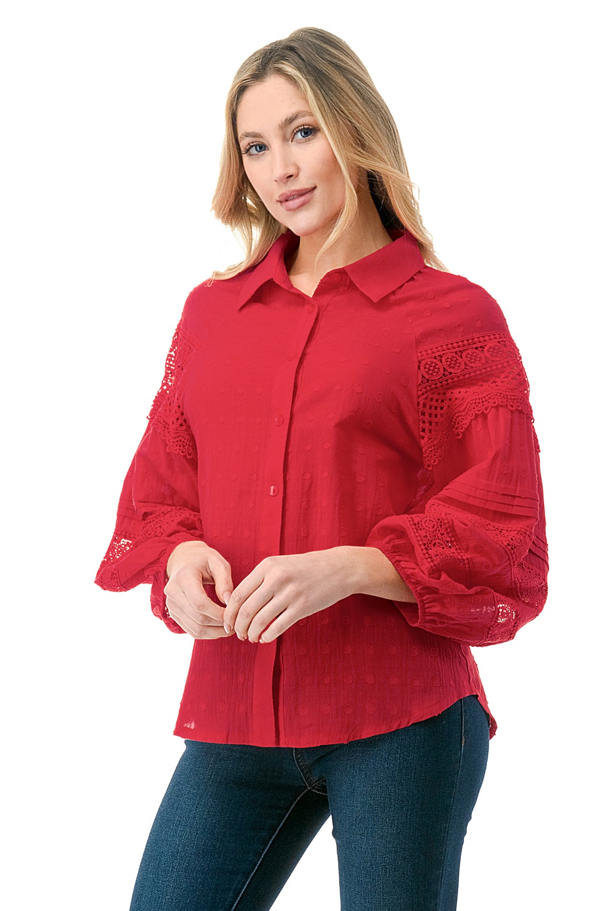 Red Crochet Inset Texture Cotton Button Down