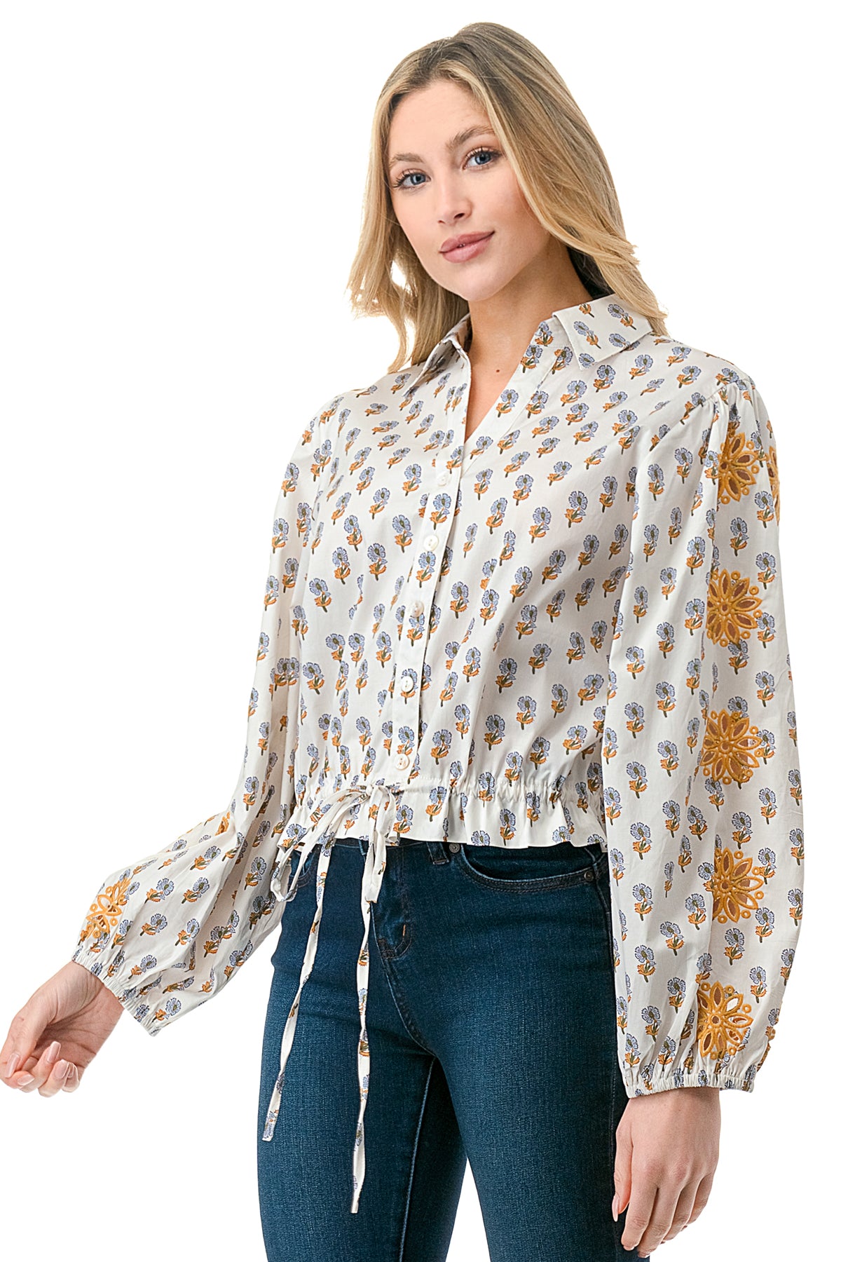 Ivory Motif Printed Cutout Sleeve Button Down