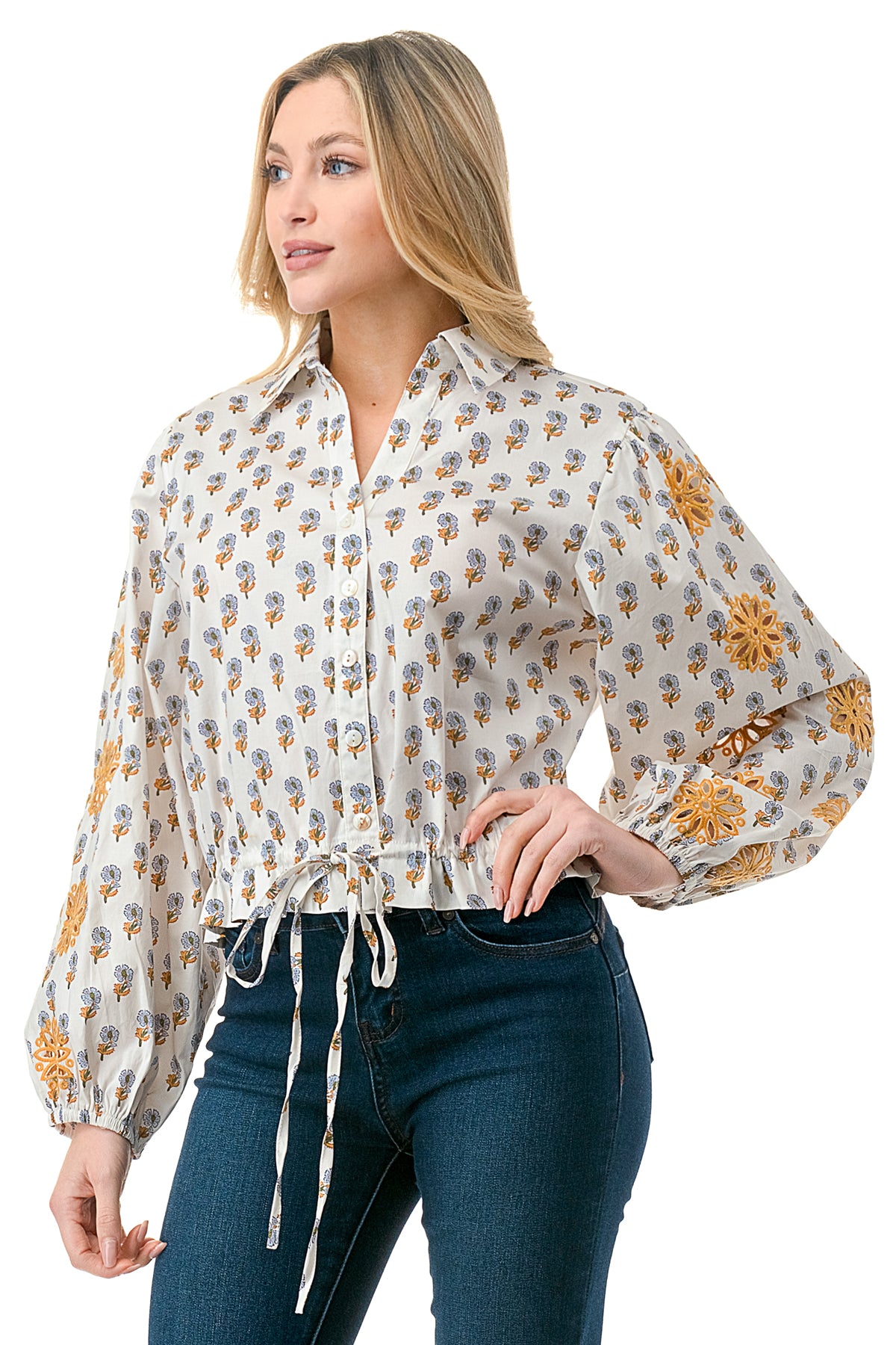 Ivory Motif Printed Cutout Sleeve Button Down