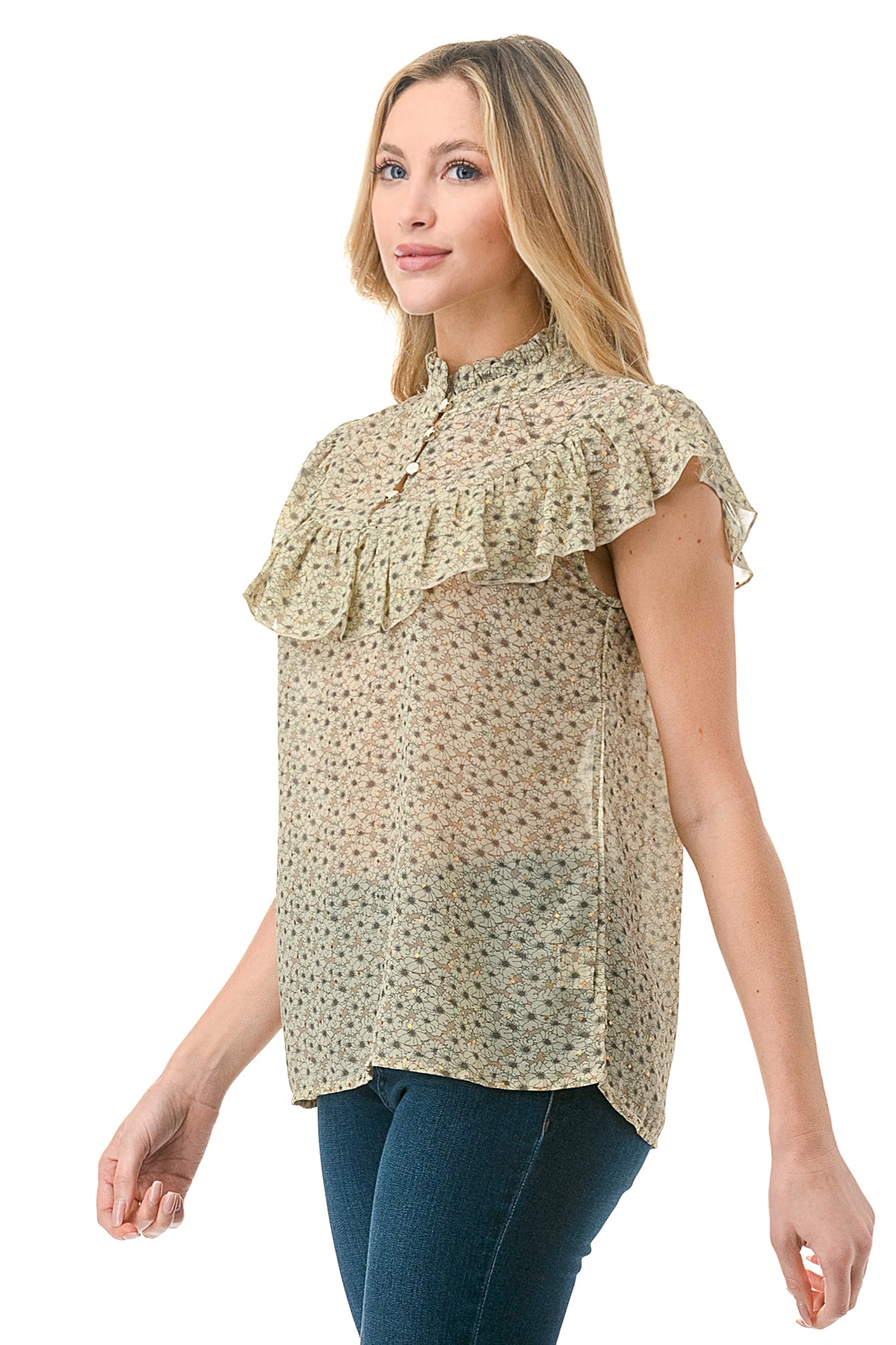 Olive Shine Floral Chiffon Printed Flutter Sleeveless Top